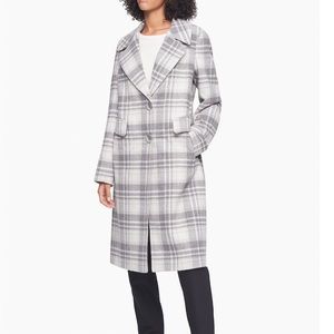 Calvin Klein Plaid Notch Lapel Button-Trench Coat
